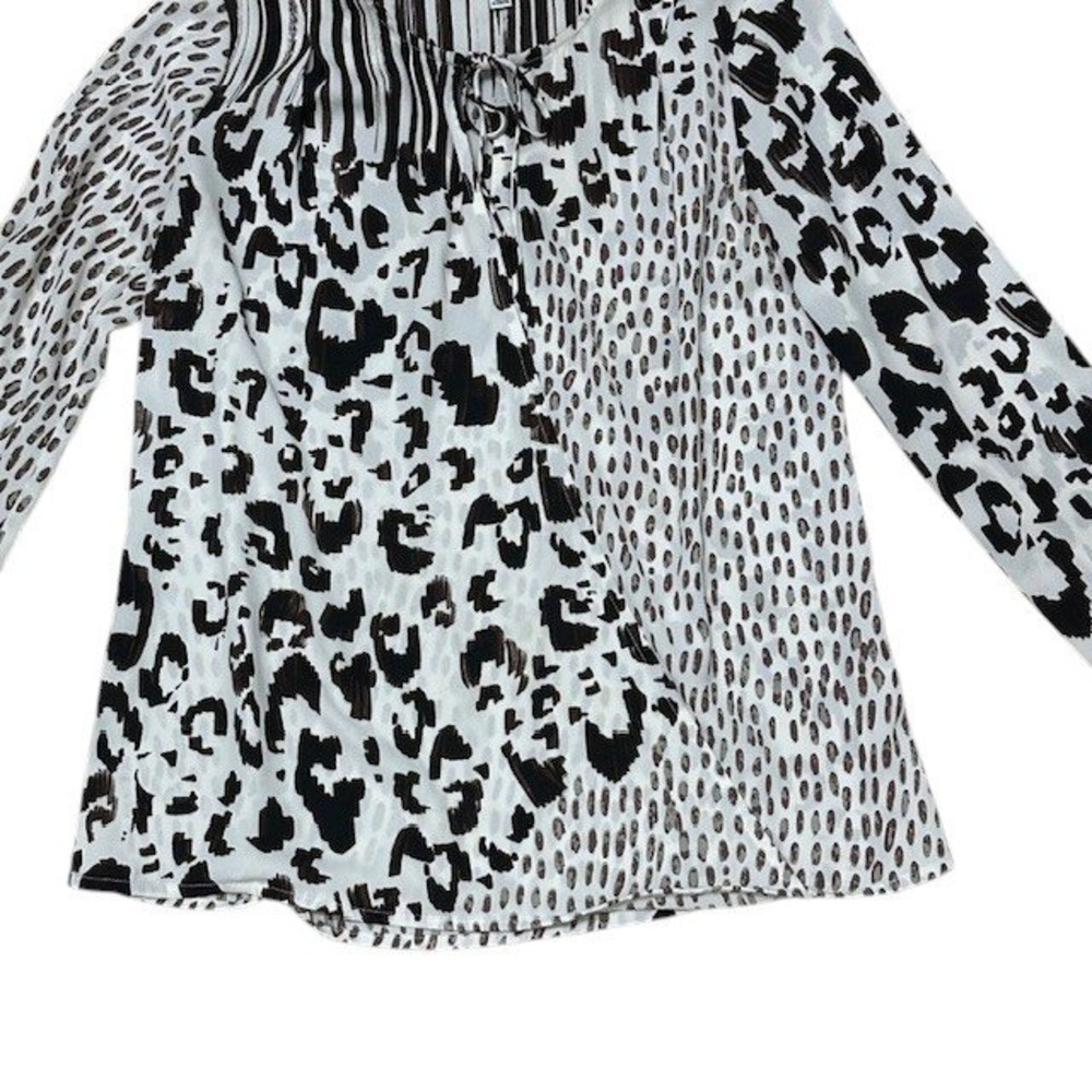 Cabi‎ XS Animal Print Blouse Top Tie Neck Long Sleeve Abstract White Black - Picture 5 of 15